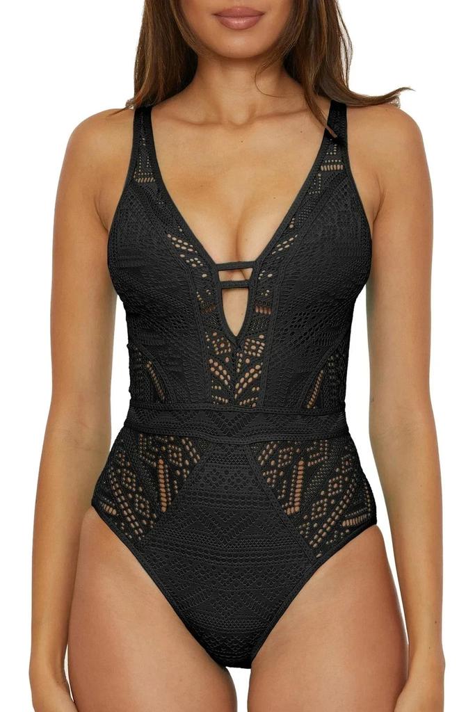 Becca Color Play Swimsuits Women's  Black Crochet Plunge One Piece RED301