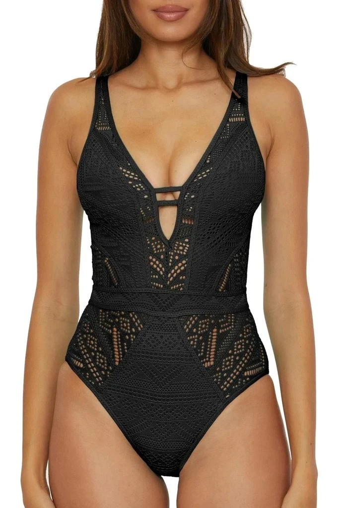 Becca Color Play Swimsuits Women's Black Crochet Plunge One Piece RED301 from Premium Outlets
