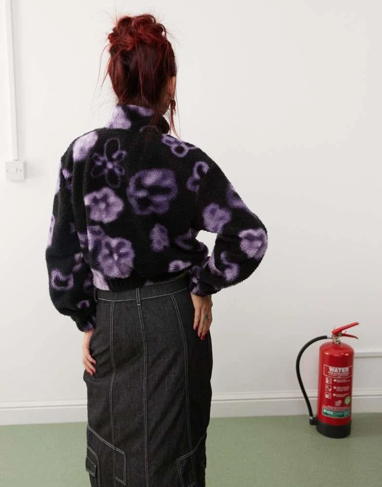 Monki Monki borg half zip up fleece sweatshirt in black flower print 4
