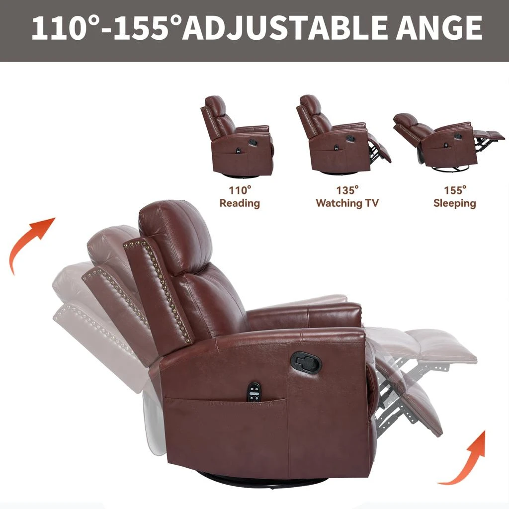 Streamdale Furniture Streamdale Wine Red Leather Heat Massage Rocker Recliner 6