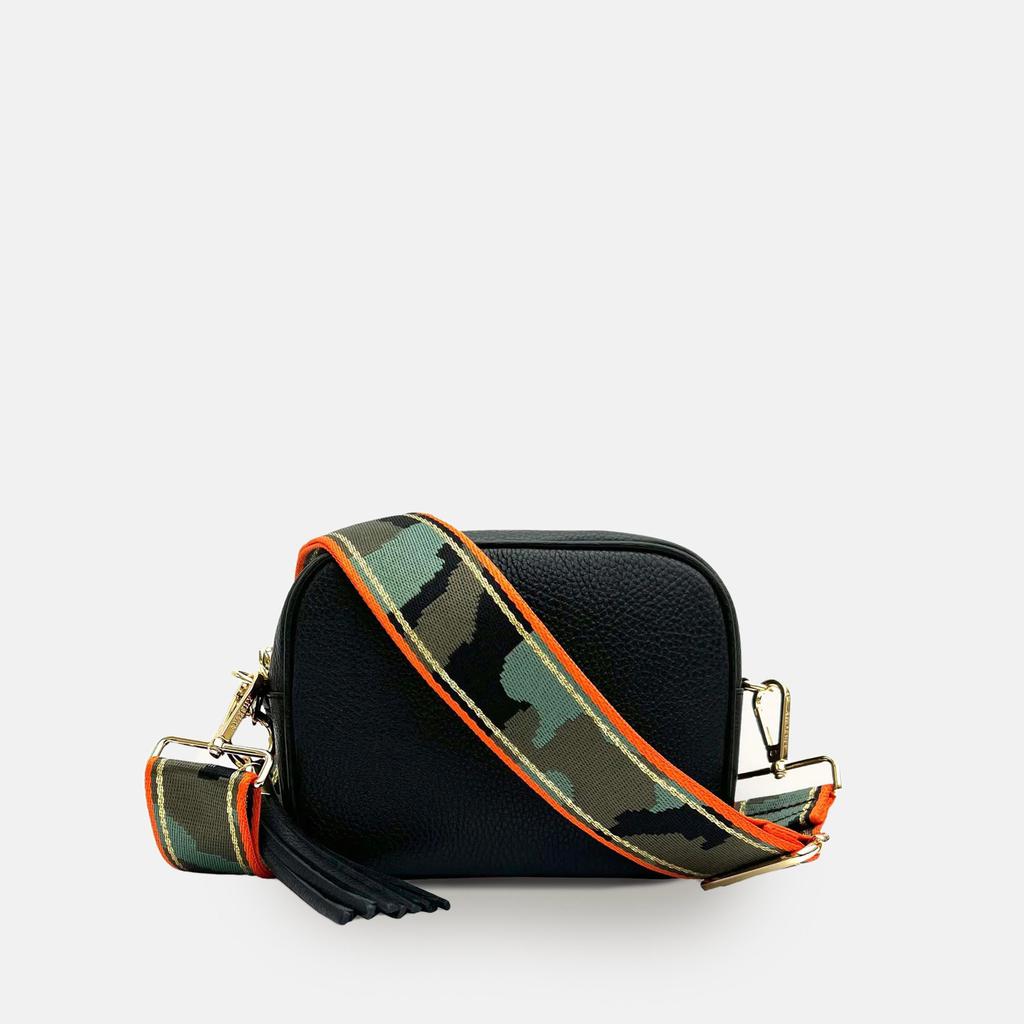 Apatchy London Black Leather Crossbody Bag With Orange & Gold Stripe Camo Strap
