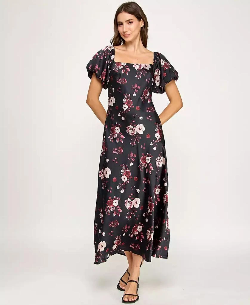 knee length dresses for ladies Printed Bubble Sleeve Midi Dress