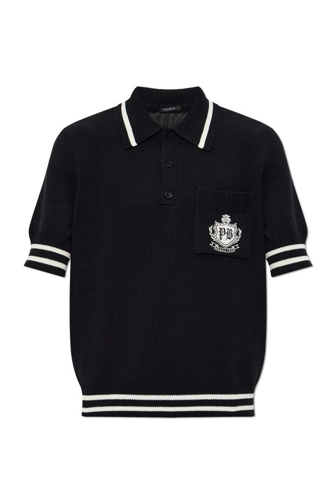 Balmain Balmain Striped Trim Emblem-Logo Knit Polo Shirt 1