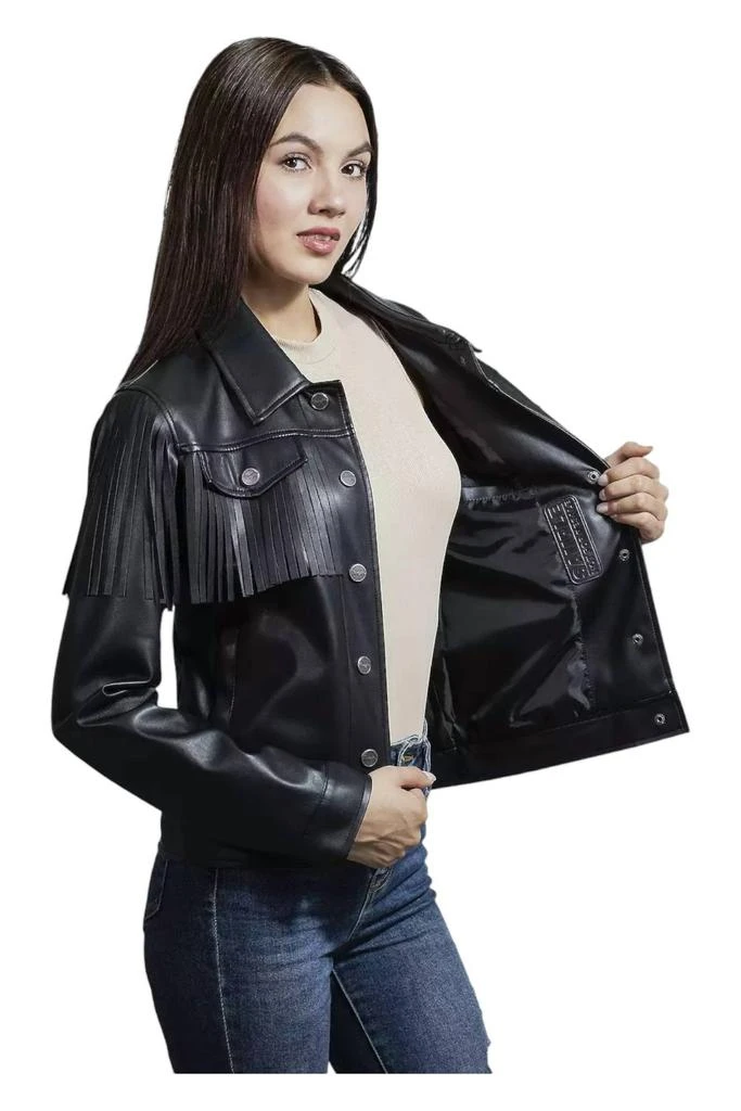 Wrangler Faux Leather With Fringe Trucker Jacket In Black 3