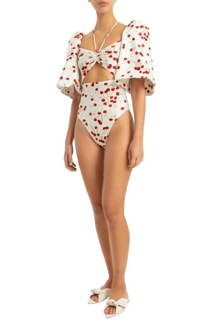 Adriana Degreas Cherry Bomb Puff-Sleeved Swimsuit In Off White 1