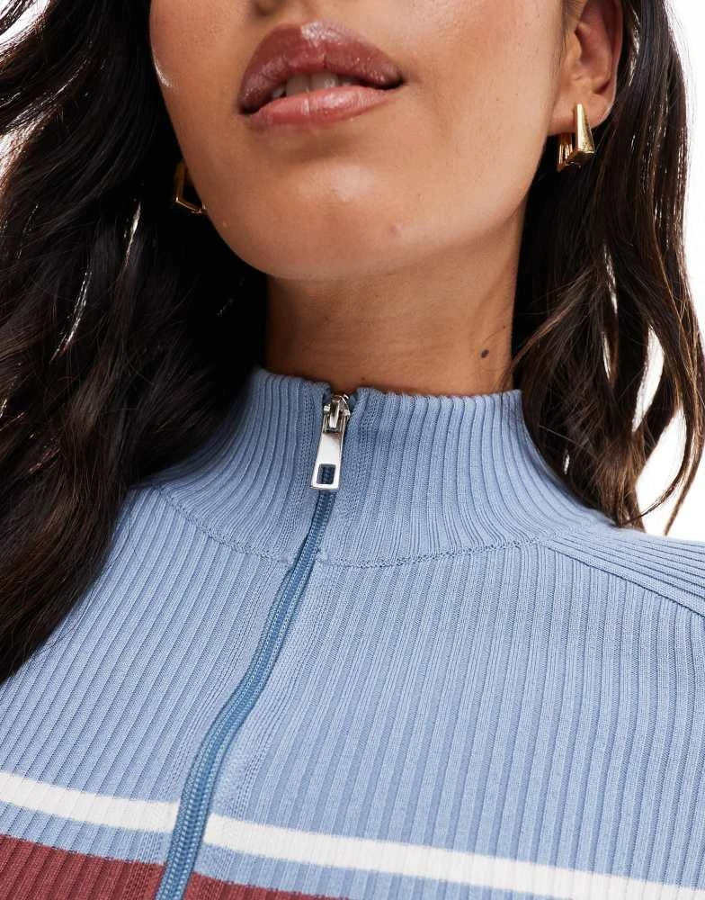 Pull&Bear Pull&Bear ribbed zip through jumper with stripe detail in blue 4