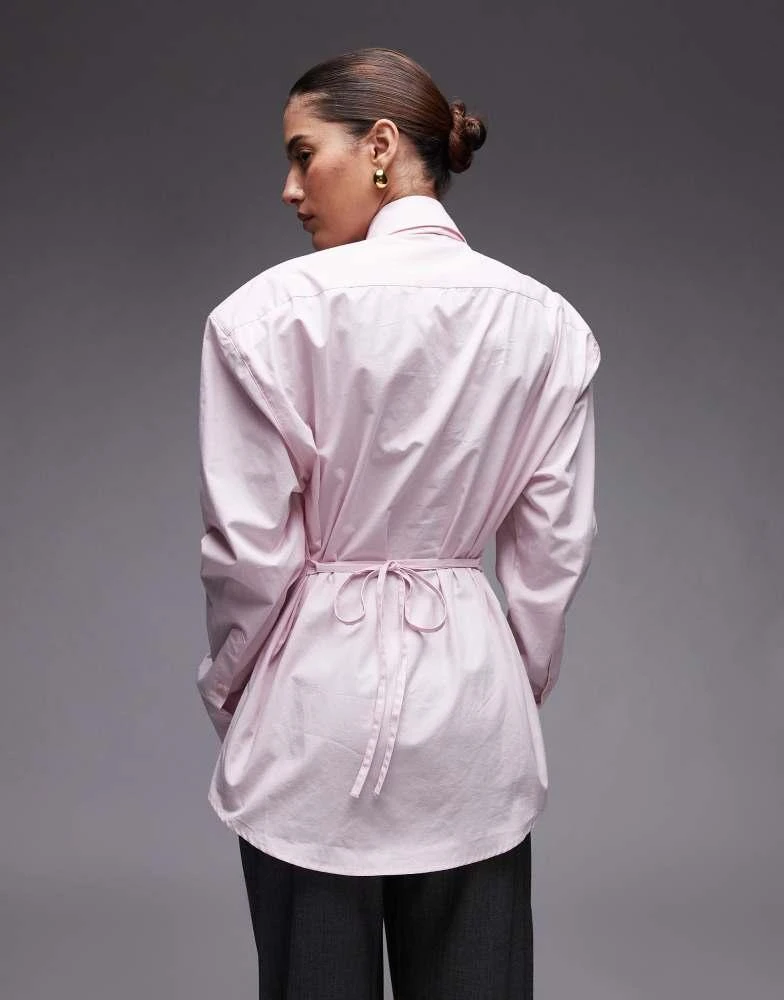 ASOS ASOS DESIGN cinch waist shirt with shoulder pads and tie in pink 4