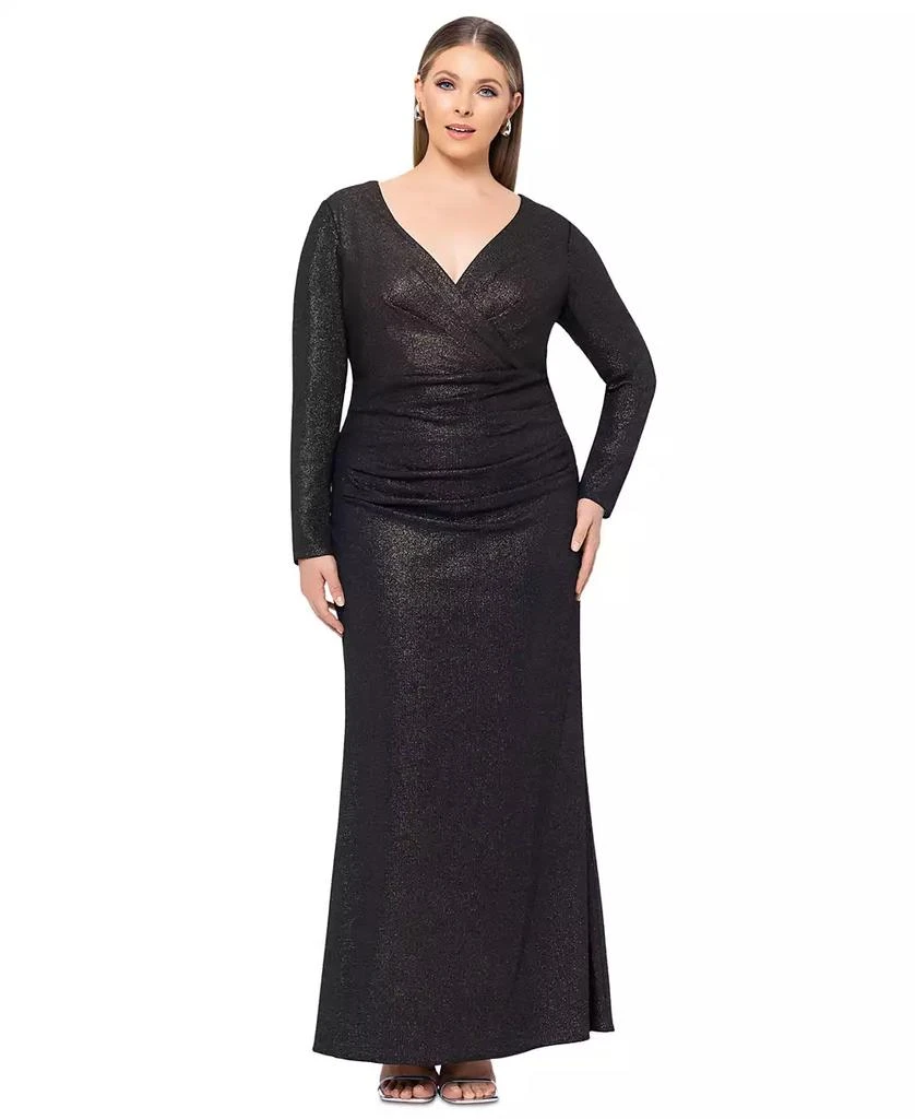 XSCAPE Plus Size Ruched Foil-Knit Long-Sleeve Gown 1