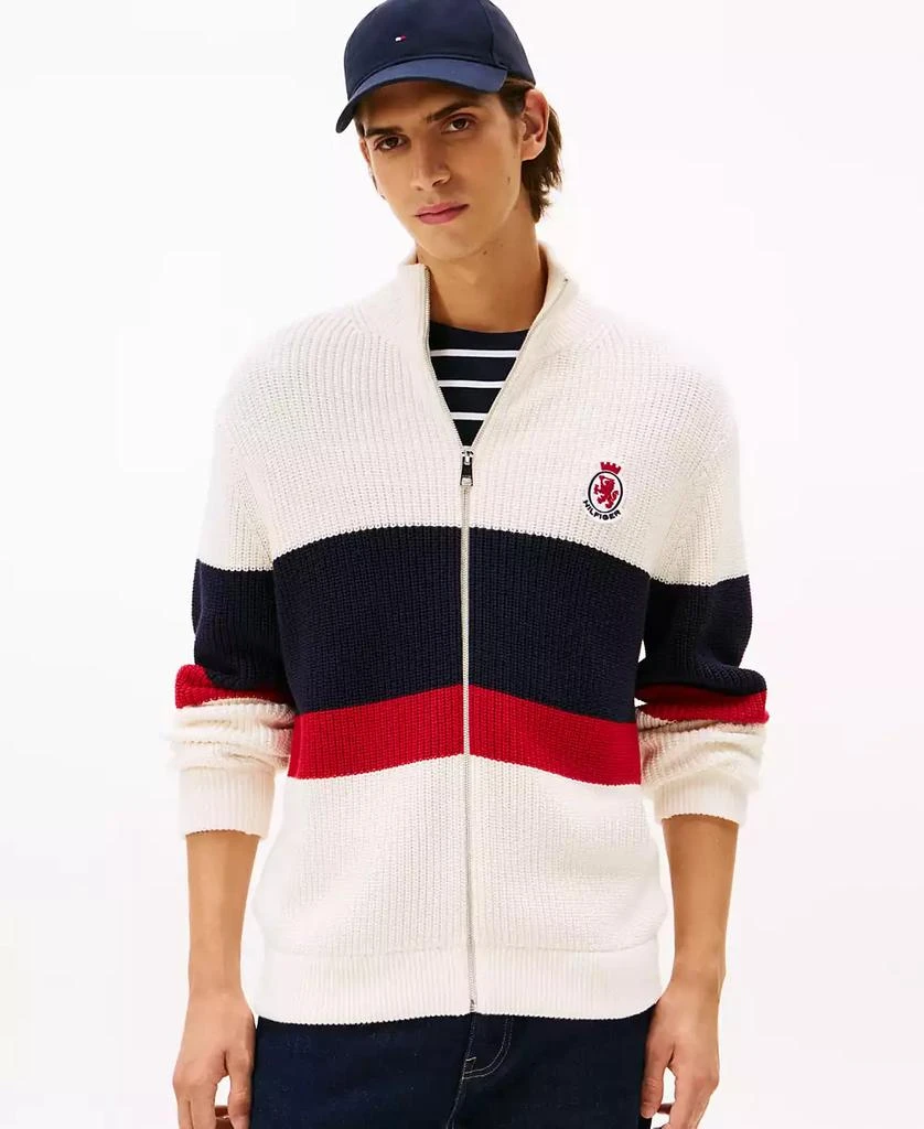 Tommy Hilfiger Men's Crest Logo Patch Zip-Through Stripe Sweater