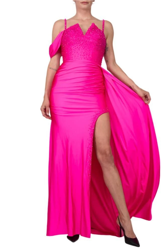TRUEDAMES One Shoulder Beaded Bodice Front Slit Gown