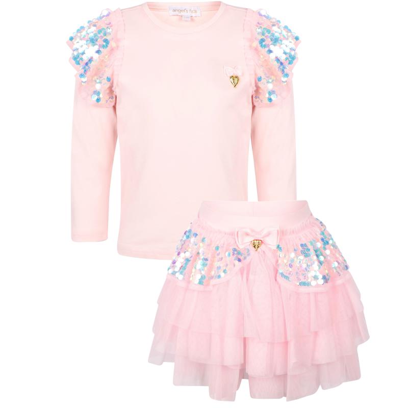 Angel's Face Sequin ruffled long sleeves shirt and tiered tulle skirt set in pink
