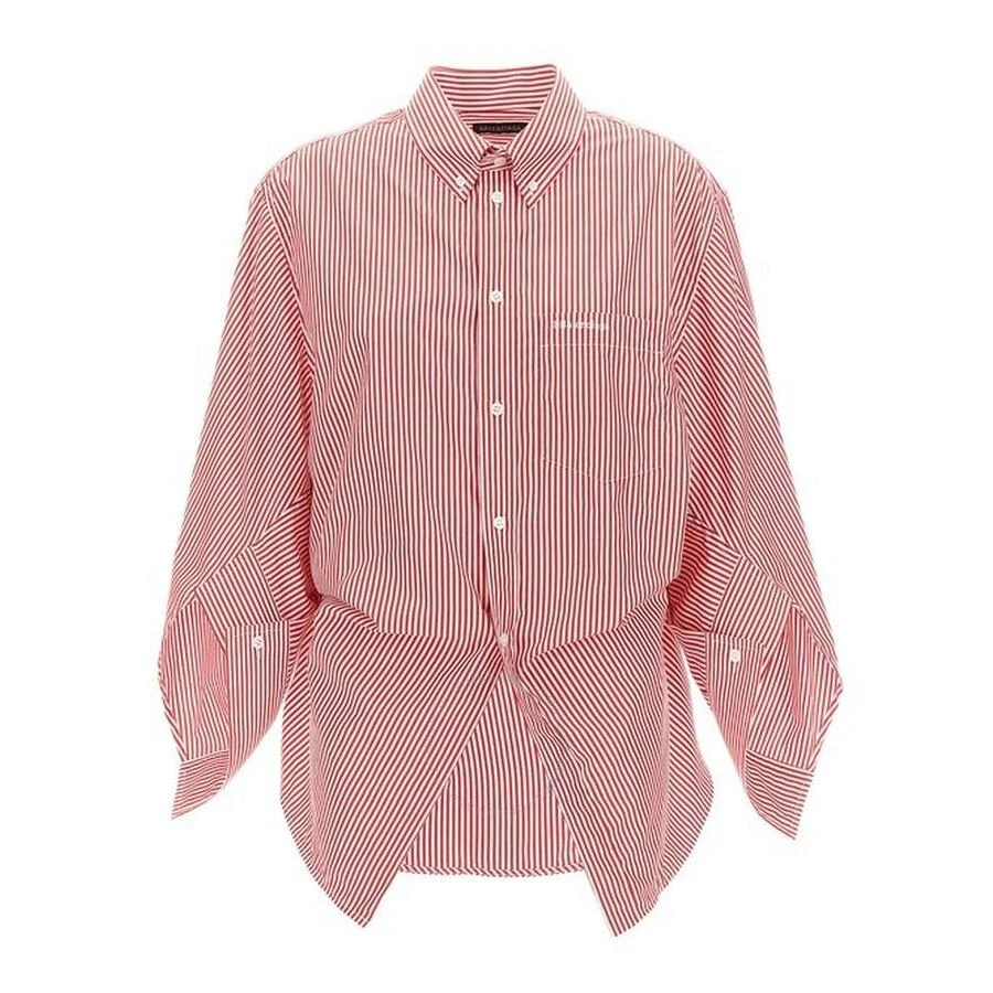 Balenciaga Ladies Red / White Embroidered-Logo Shirt 1