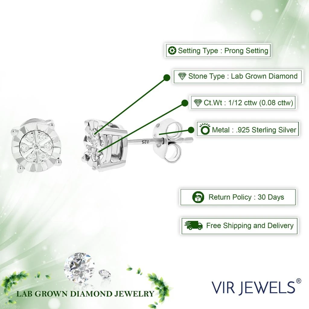 Vir Jewels 1/12 cttw 14 Stones Round Lab Grown Diamond Studs Earrings .925 Sterling Silver Prong Set 3