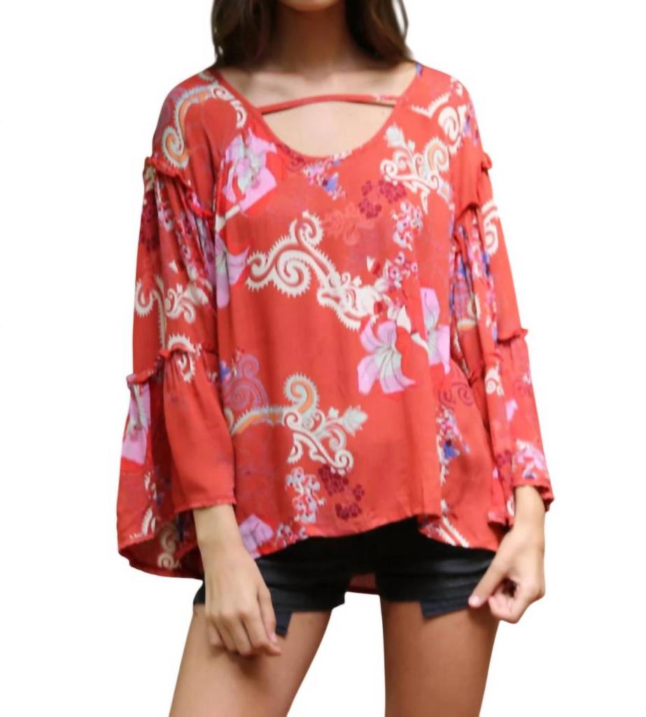Angie Angie - Floral Ruffle Seam Bell Sleeve Tunic