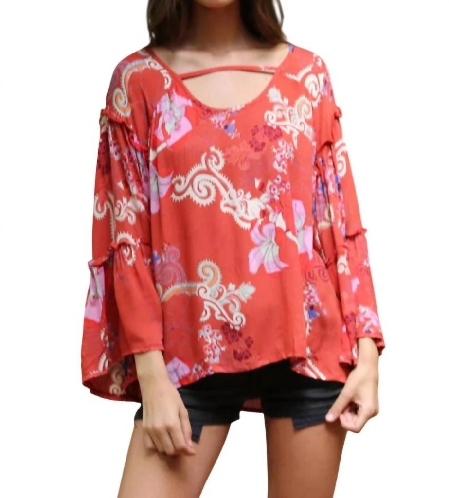 Angie Angie - Floral Ruffle Seam Bell Sleeve Tunic 1