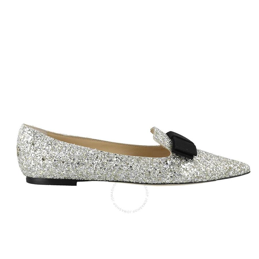 Jimmy Choo Ladies Champagne Gala Coarse Glitter Bow Flats