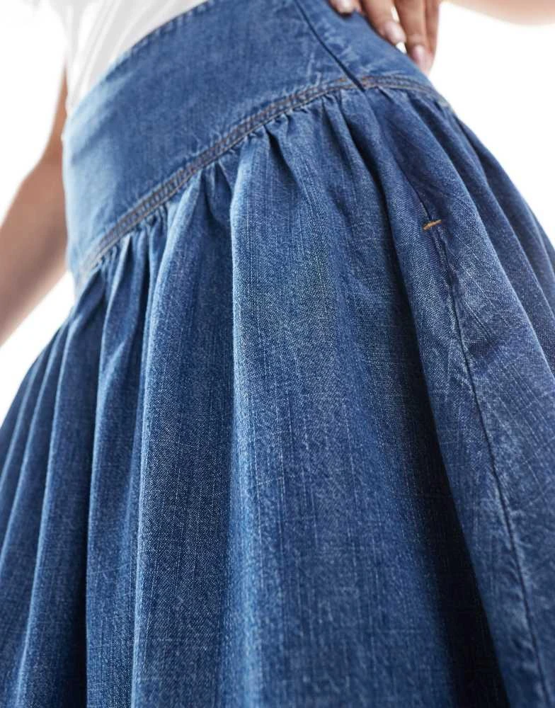 ASOS ASOS DESIGN denim drop waist maxi skirt with linen in midwash blue 4