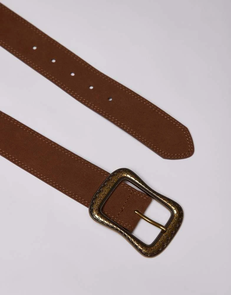 Mango Mango large square buckle chunky leather belt in brown 2