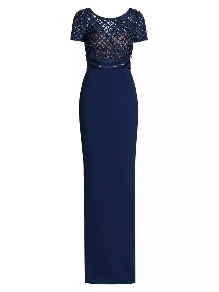 Pamella Roland Embroidered Bodice Crepe Column Gown