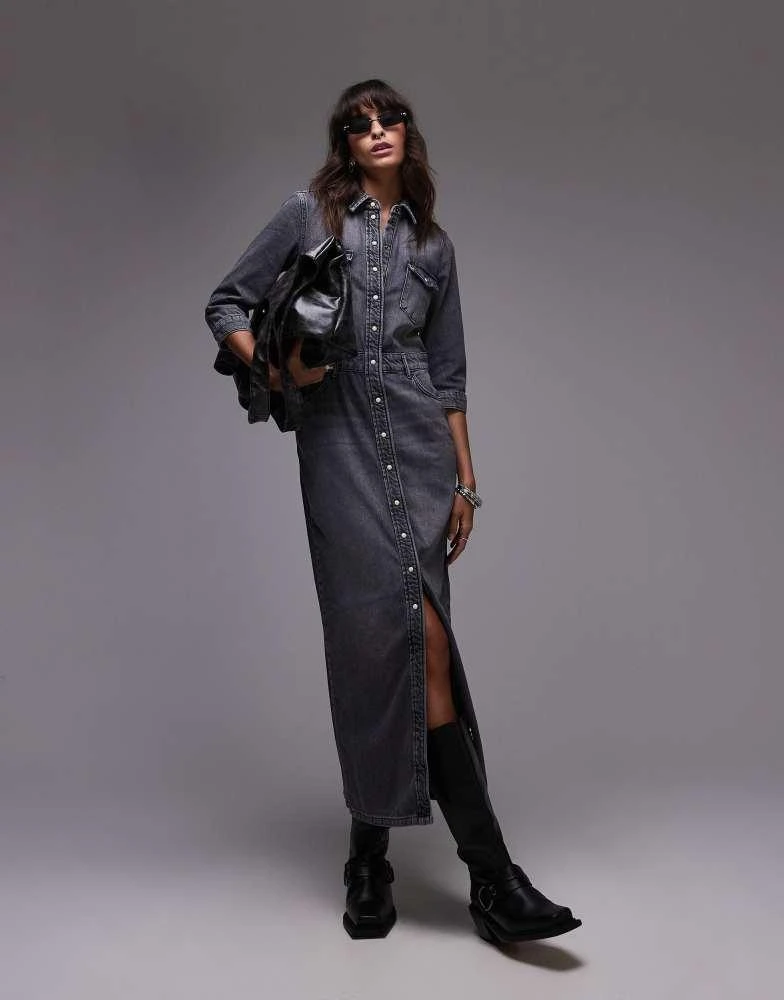 ALL SAINTS AllSaints Blair denim maxi dress in washed black 1