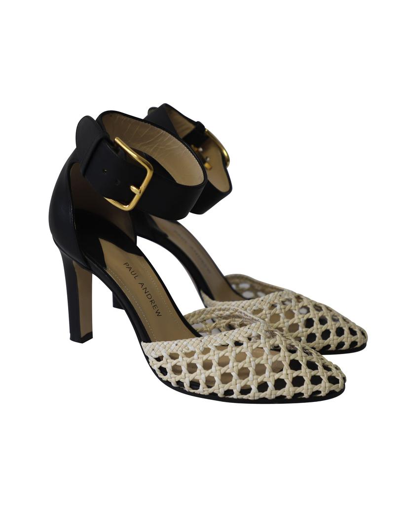 Paul Andrew Cane Weave Heeled Sandals in Dark Chocolate Brown and Cream Leather