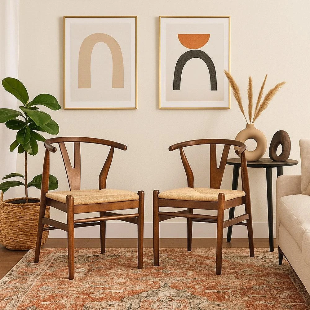 Hivvago Cera Dining Chair Set of 2, Handwoven Rope, Cappuccino Brown Wood