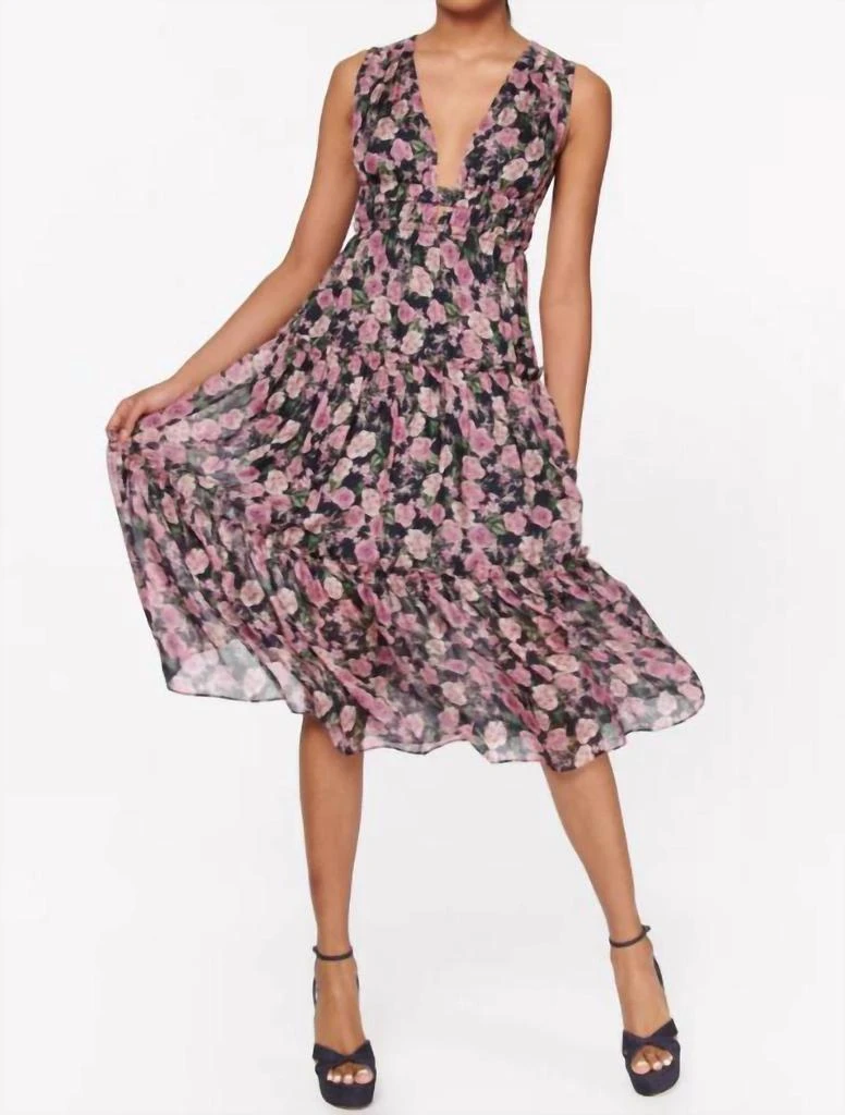 knee length dresses for ladies Ditsy Blue Floral Printed Side Slit Midi Dress – Elizabeth's Boutique main image 0