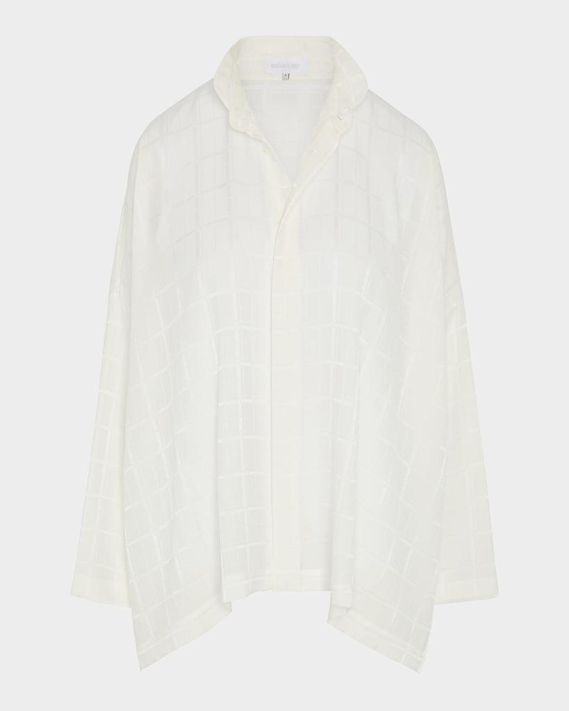 Eskandar Satin Box Check Jacquard Wide Longer-Back Double-Stand Collar Shirt (Mid Plus Length)