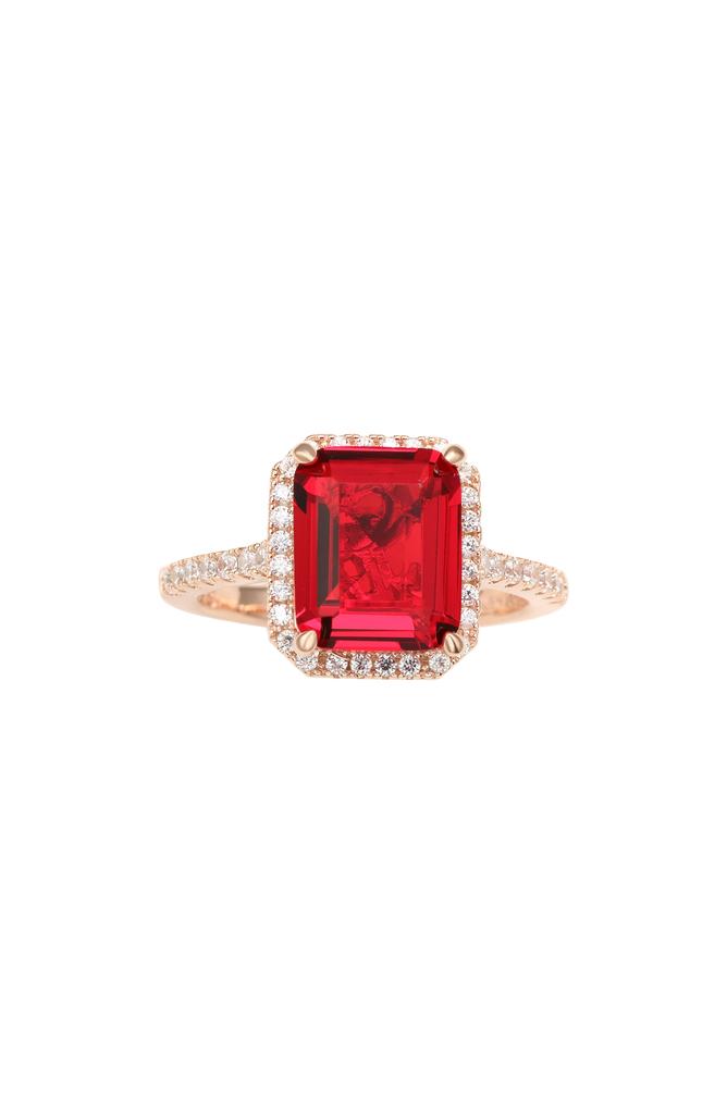 Suzy Levian 14K Rose Gold Plated Sterling Silver Red & White Cubic Zirconia Halo Bridal Ring