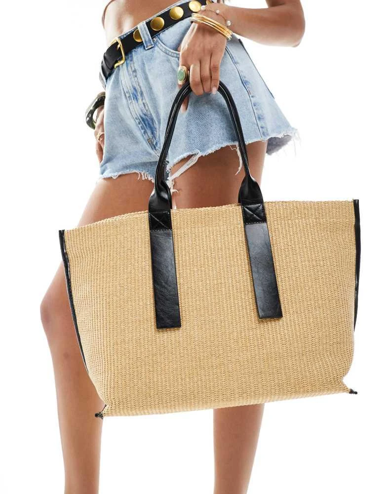Stradivarius large raffia shopper bag with contrast stitching in