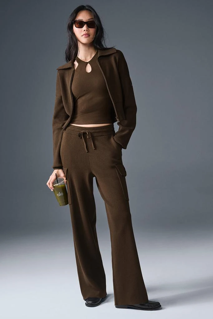 Alo Scholar Knit Cropped Full Zip Jacket - Espresso 4