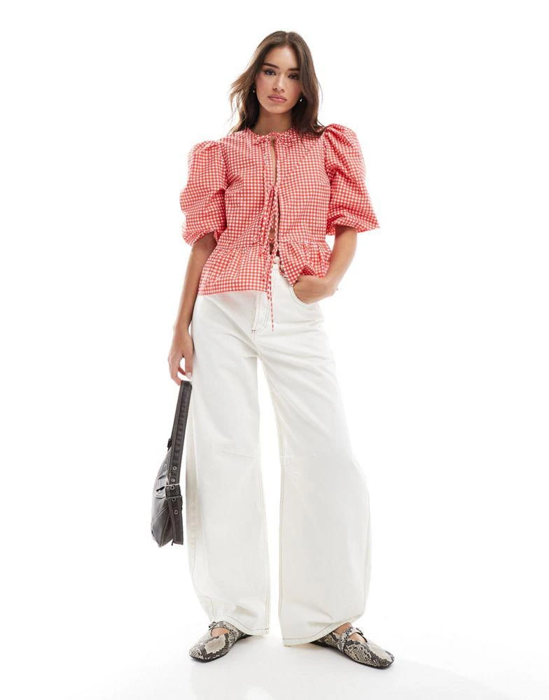 ASOS ASOS DESIGN cotton poplin tie front peplum blouse in red gingham 3