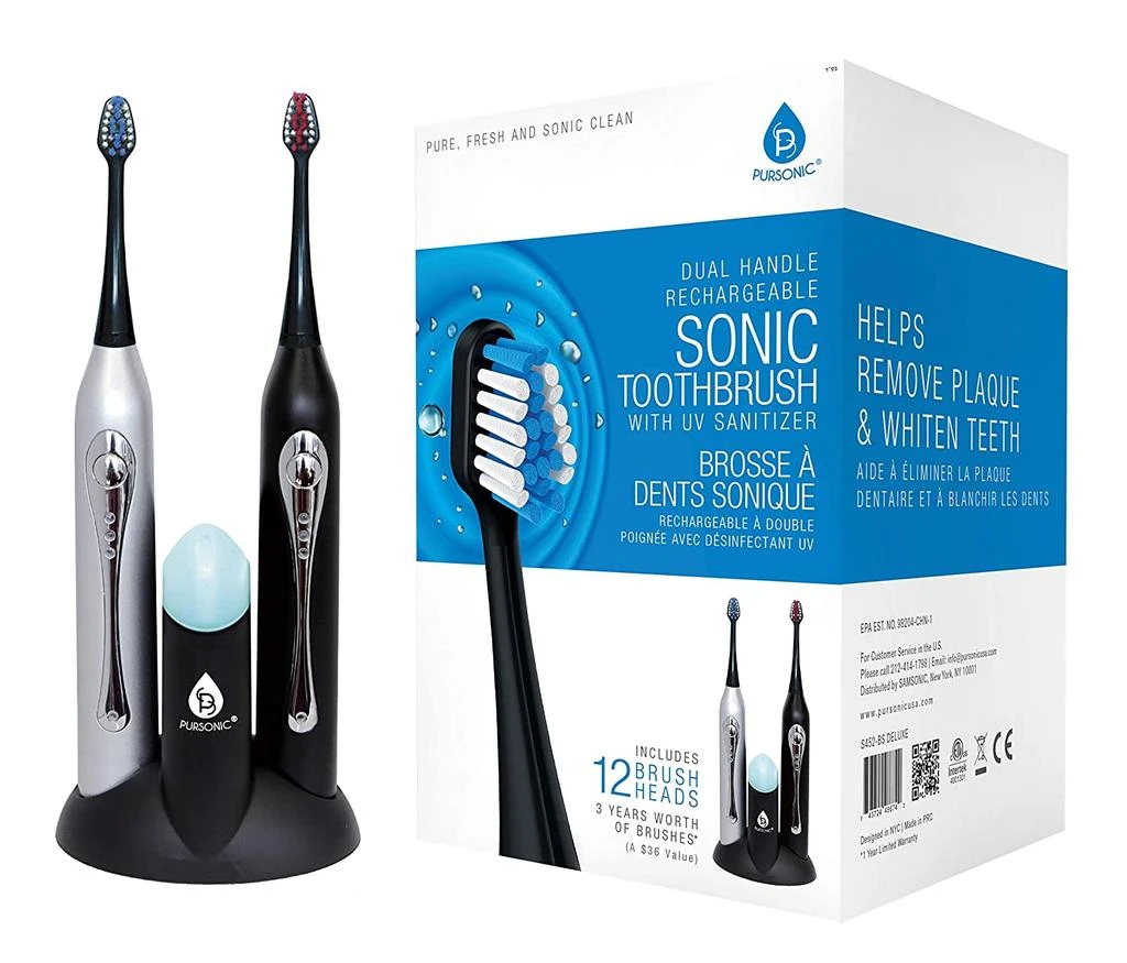 PURSONIC Dual Handle Rechargeable Sonic Toothbrush With UV Sanitizer,12 Brush heads, Black &Silver 1