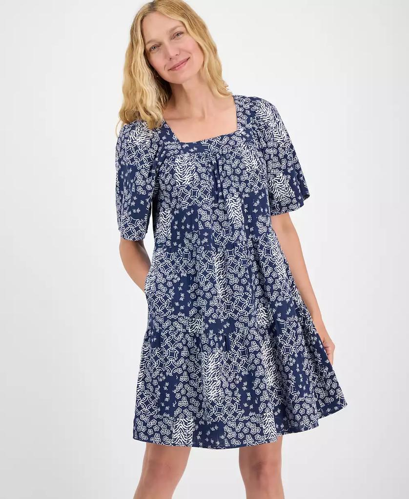 Style & Co Women's Printed Square-Neck Cotton Gauze Tiered Dress, Exclusively at Macy's