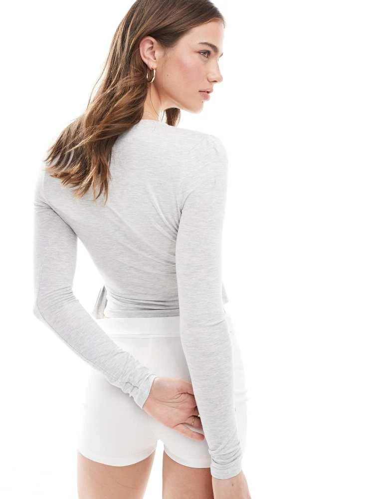 Miss Selfridge Miss Selfridge long sleeve jersey wrap top in grey marl 4