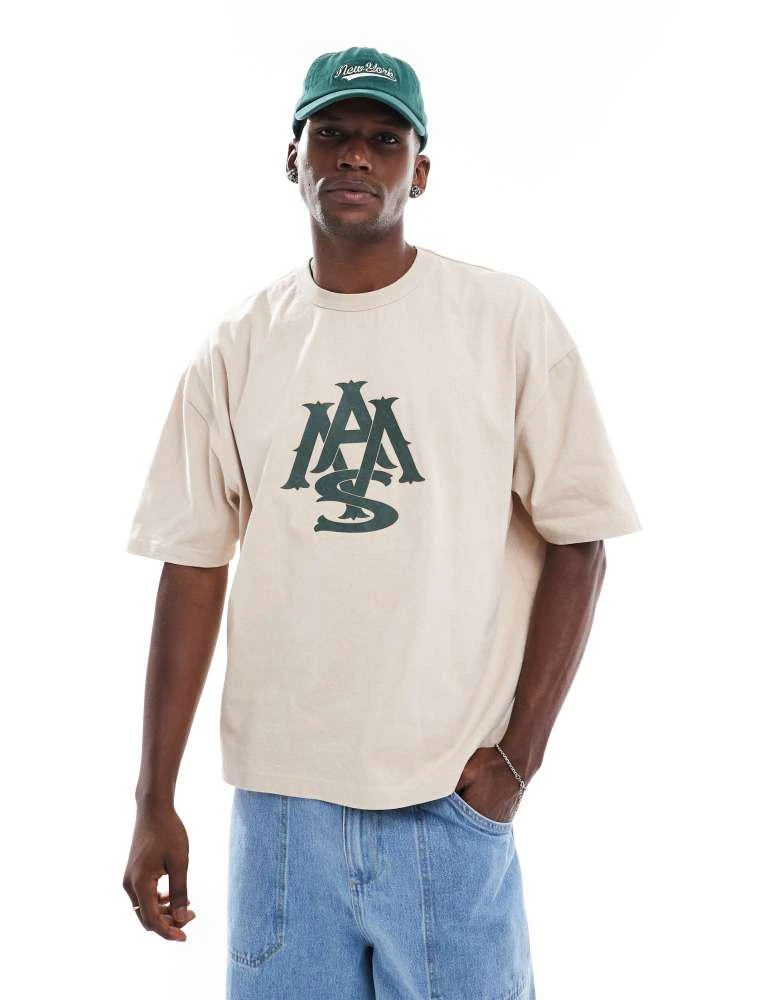 ASOS ASOS DESIGN boxy oversized t-shirt in heavyweight 220gsm washed beige with rubber chest graphic 1