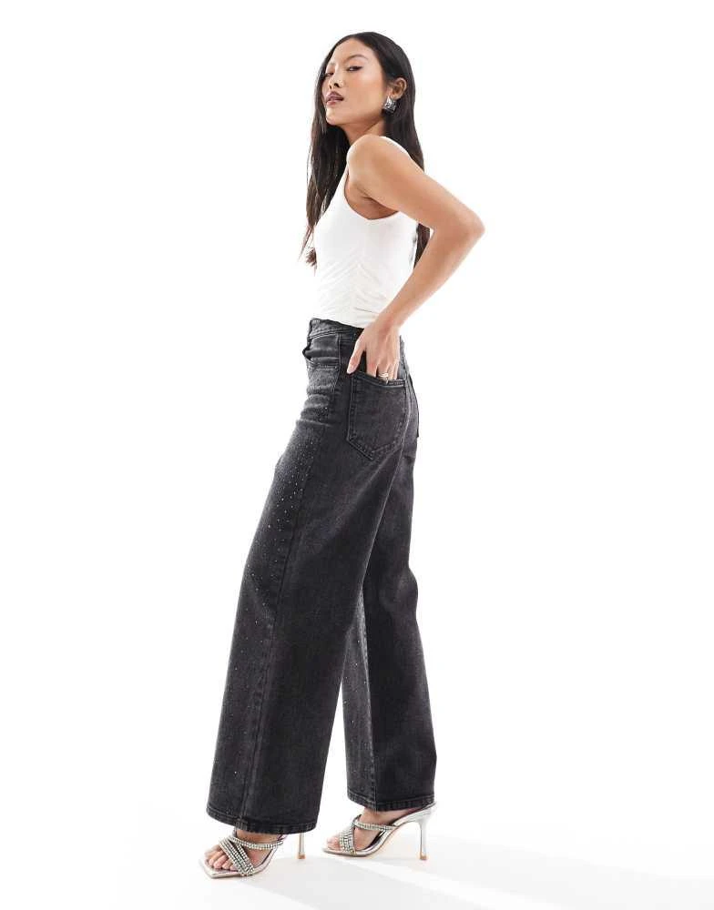 ONLY Petite ONLY Petite Hope wide leg jeans with rhinestones in washed black 3