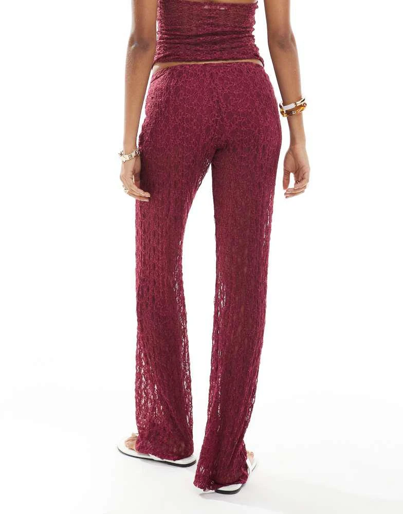 Pull&Bear Pull&Bear lace wide leg trouser co-ord in burgundy 5