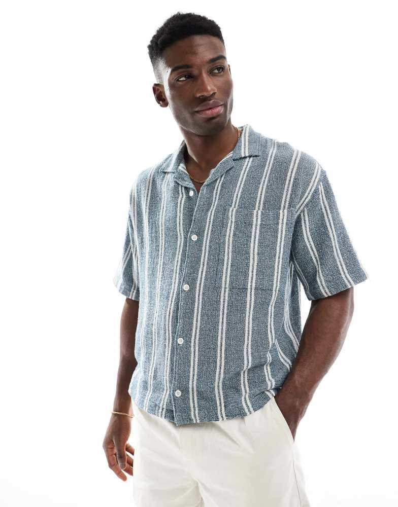 Pull&Bear Pull&Bear revere collar short sleeve shirt in blue stripe 4