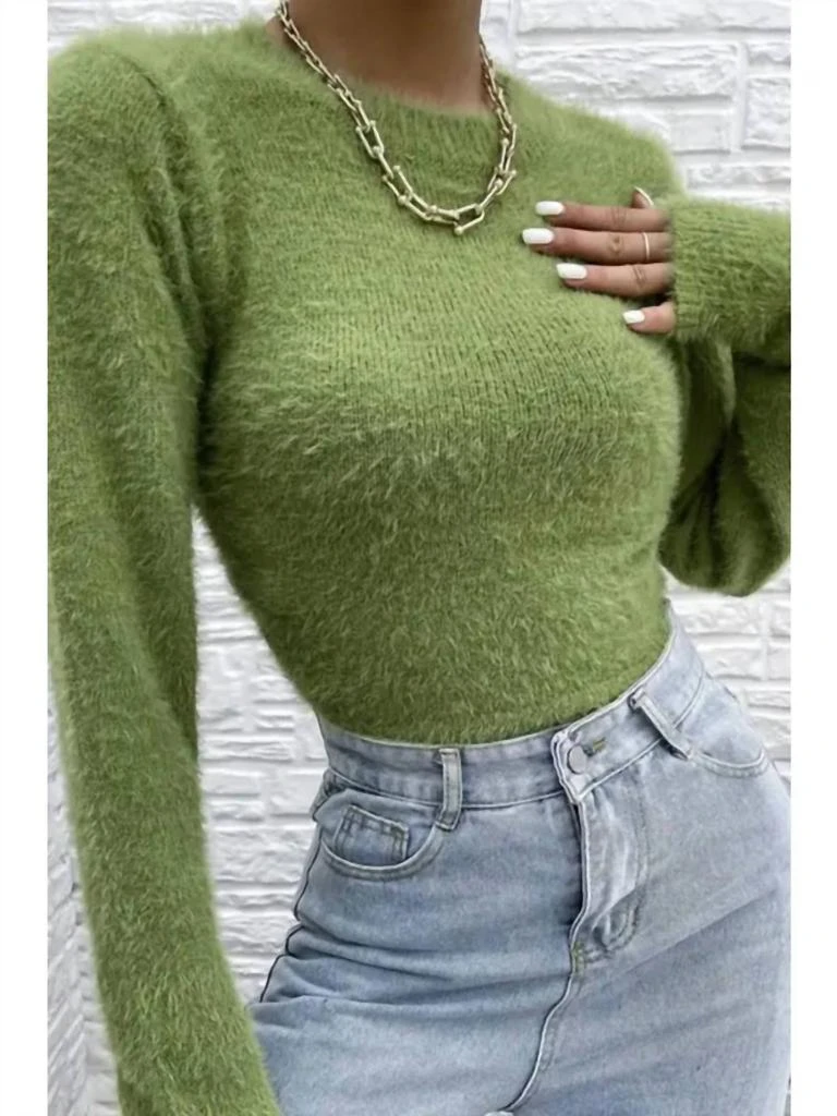 Miss Sparkling Fuzzy Open Back Sweater In Green 1