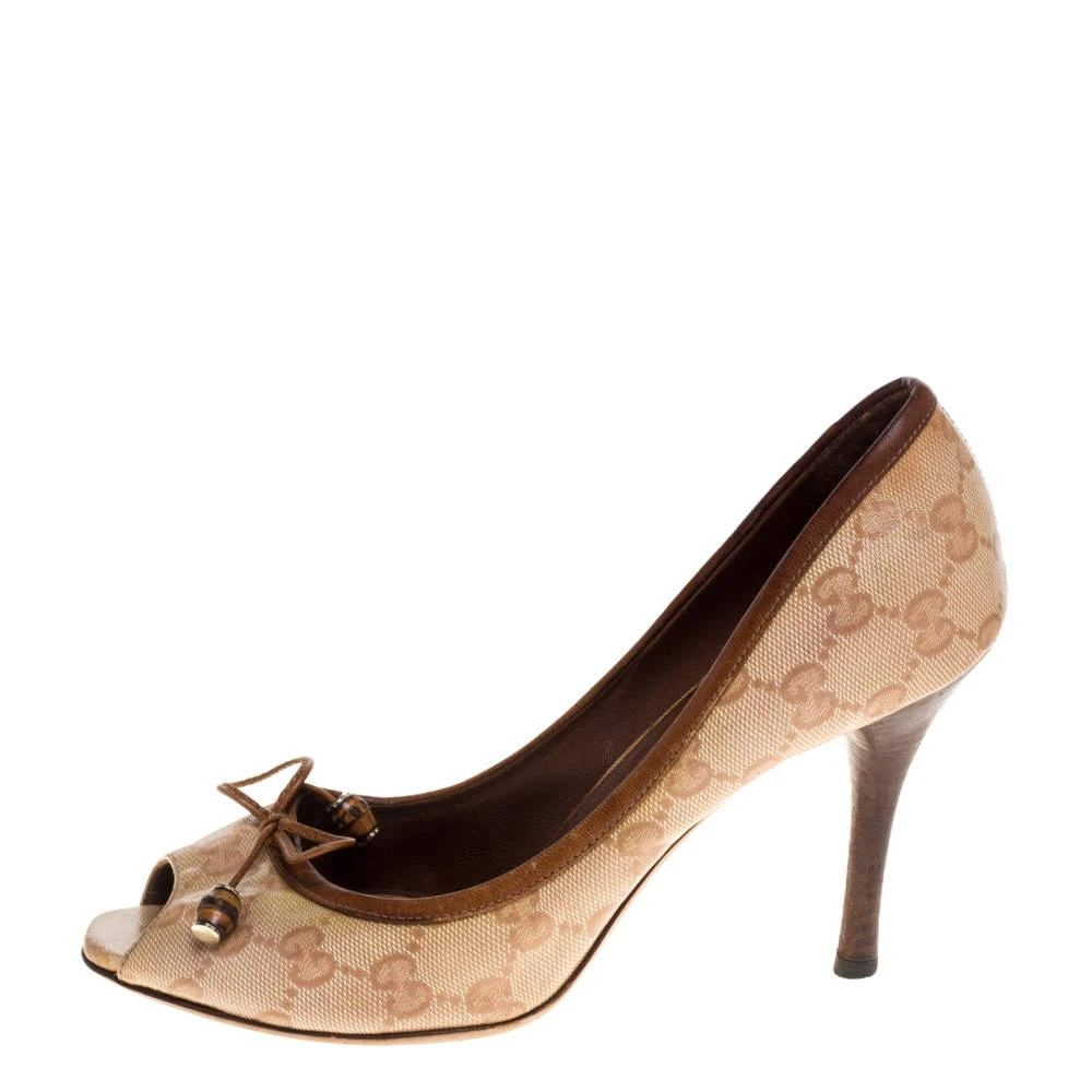 Gucci Gucci Beige GG Canvas Bamboo Bow Peep Toe Pumps Size 37.5 2