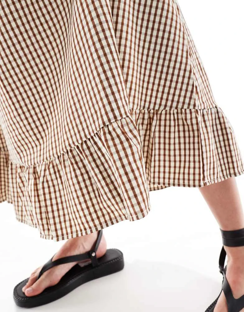 ONLY ONLY Tall gingham maxi skirt in brown 3