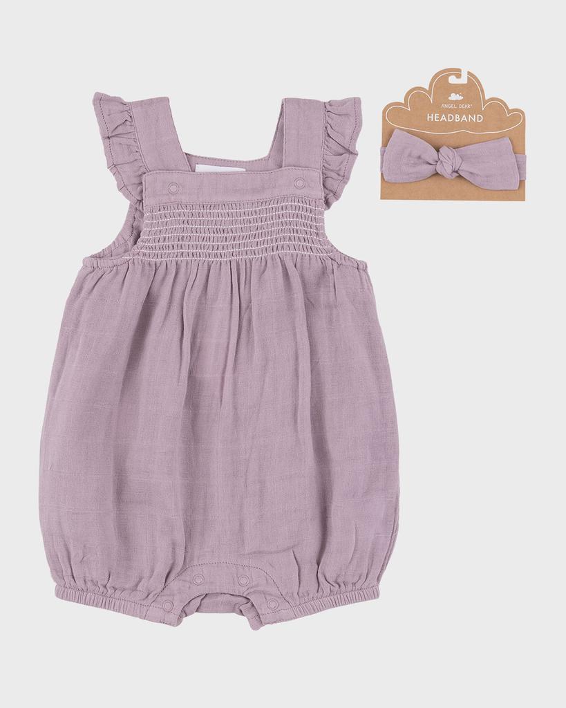 Angel Dear Girl's Dusty Lavender Smocked Overalls and Headband Set, Size Newborn-24M