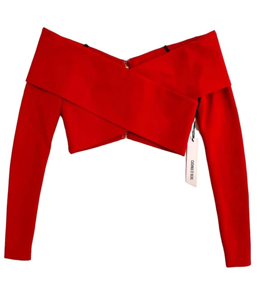 CUSHNIE Issa Crop Top Off The Shoulder Top In Red 1