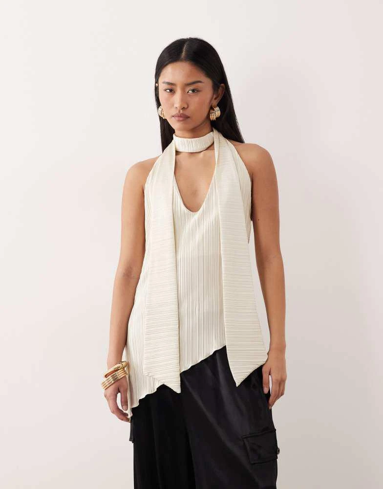 ASOS ASOS DESIGN super scoop scarf plisse asymmetric long line top co-ord in cream