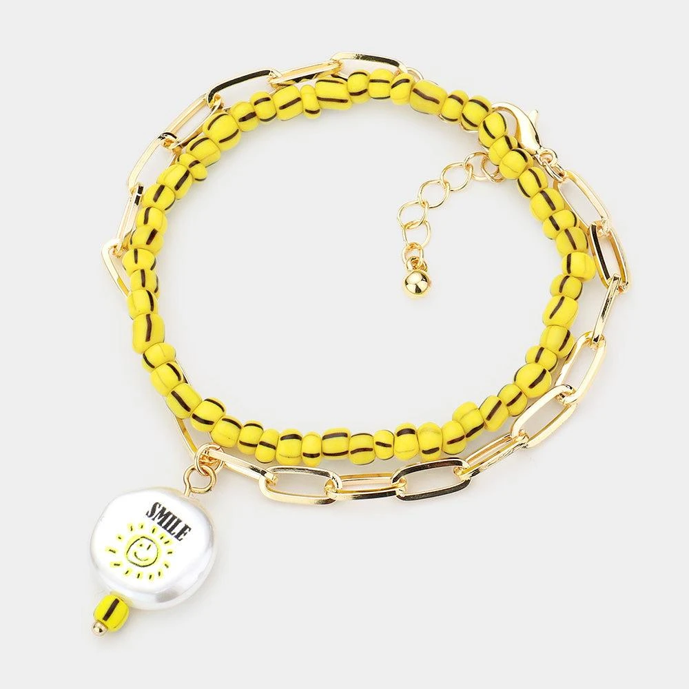 FASHNZFAB 2PCS - Smile Sun Printed Freshwater Pearl Charm Bracelets Yellow