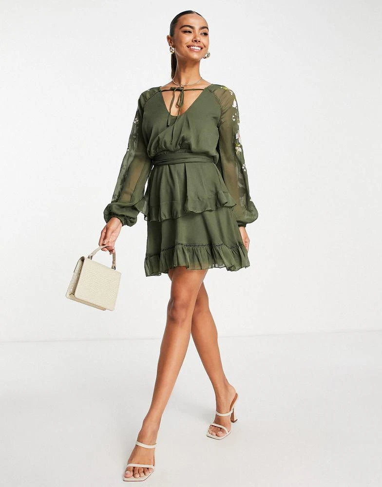 ASOS DESIGN ASOS DESIGN blouson sleeve tiered mini dress with cross stitch embroidery detail and tie in khaki 2