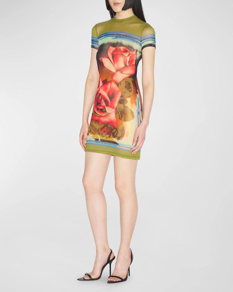 Jean Paul Gaultier Roses-Print Short-Sleeve Mesh Mini Dress 5