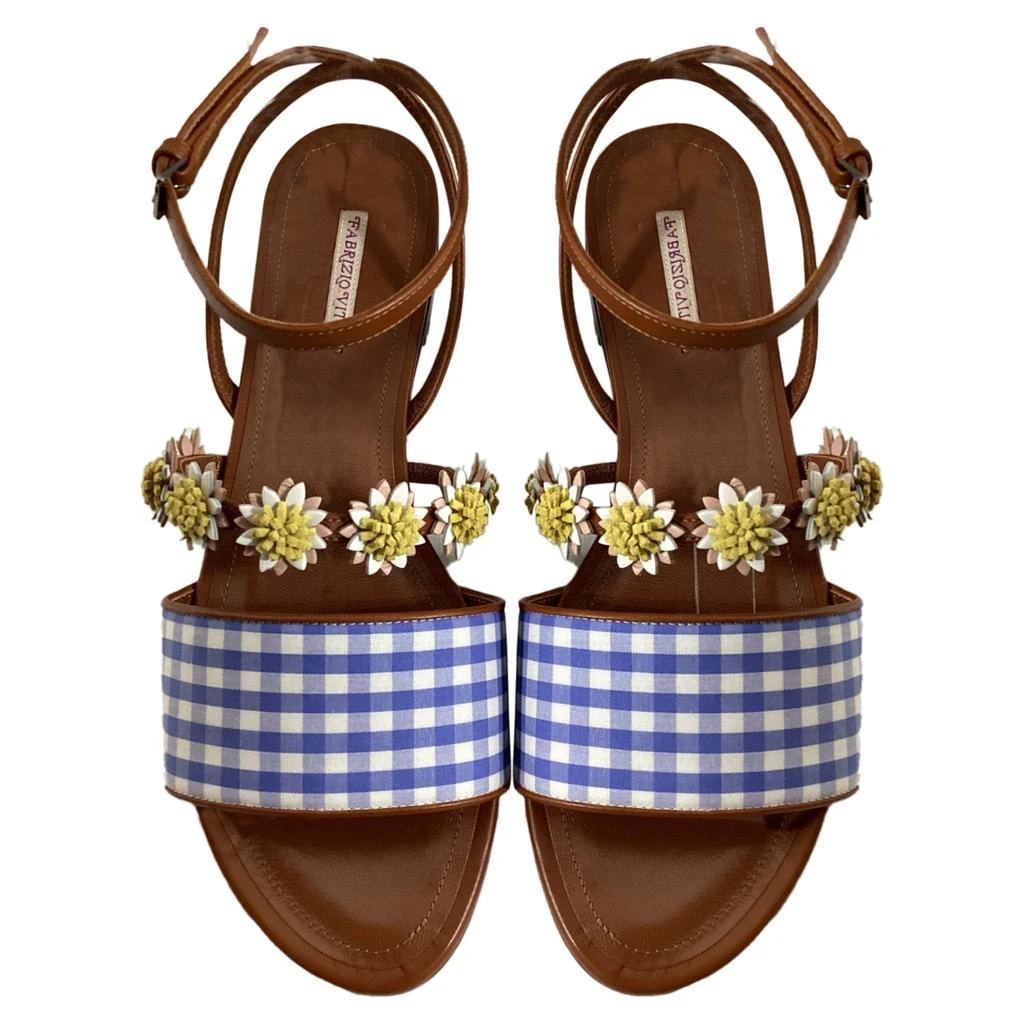 Fabrizio Viti Bea Floral-Appliqué Gingham Sandals in Blue Leather 3