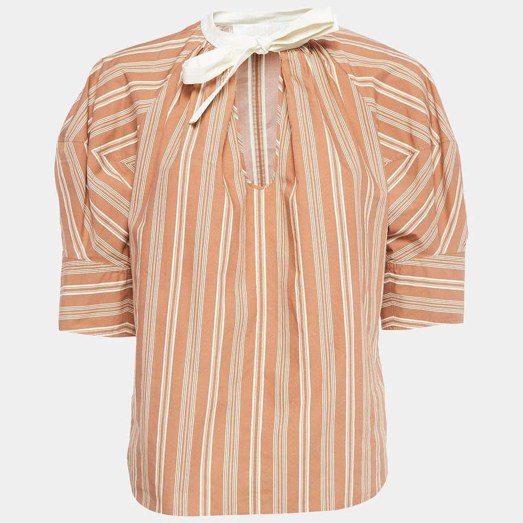 Chloe Chloe Brown Stripe Print Silk Neck Tie Up Top M 1